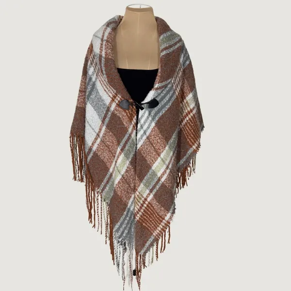 3019 | NWT Rustic Fall Plaid Fringe Toggle Wrap Shawl Poncho Rust OS Cozy Orange - Image 3