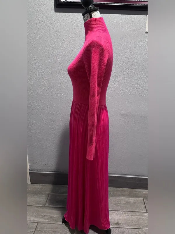 Anthropologie High-Neck Mockable Maxi Dress Fuchsia Knit dress & Pleated Skirt - Image 5