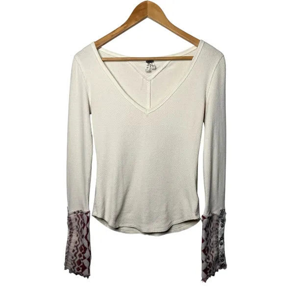 Free People We The Free Cream Waffle Knit Art School Cuff Long Sleeve Thermal - Image 3