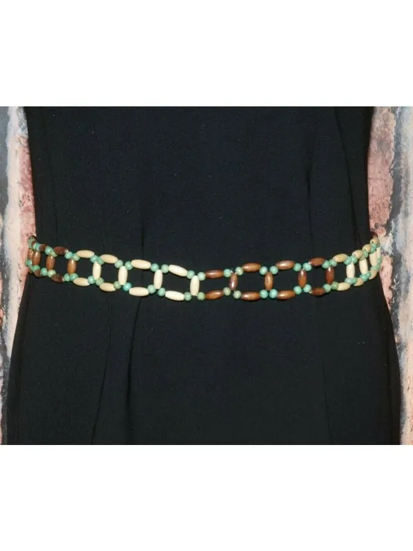 Boho Wood Beaded Tie Belt Green Brown Cream Adjustable Hippie Festival - Image 6