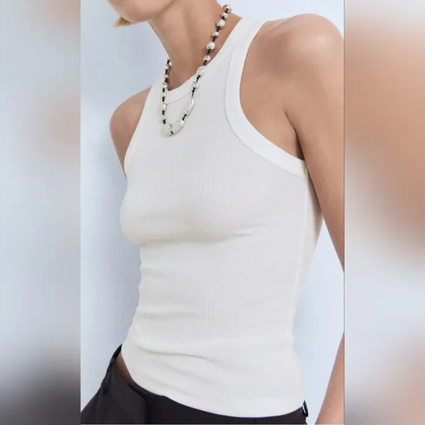 Zara White Ribbed Tank Top Size S - Image 2