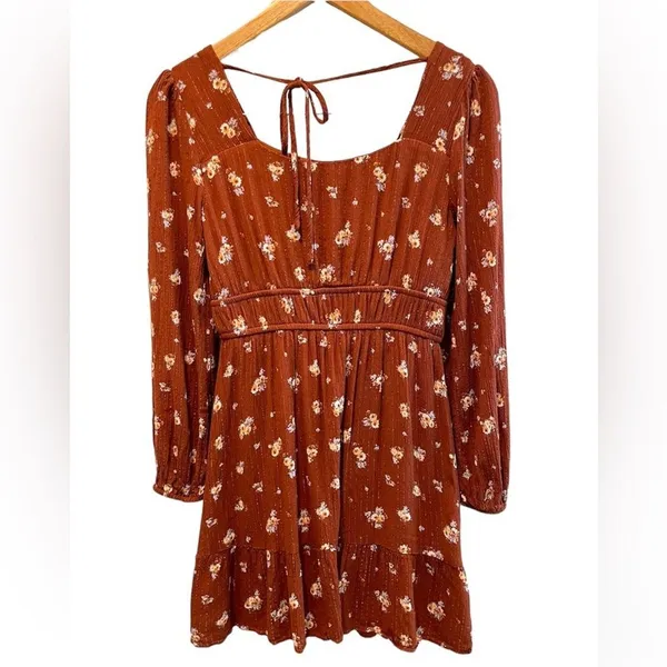 Altar'd State Floral Print‎ Mini Dress Long Sleeve Brown Cottagecore Small - Image 3