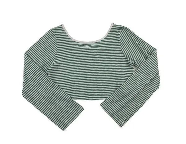 Oak + Fort - Stripped Button Up Cropped Long Sleeve Tee in Green and White - Image 3
