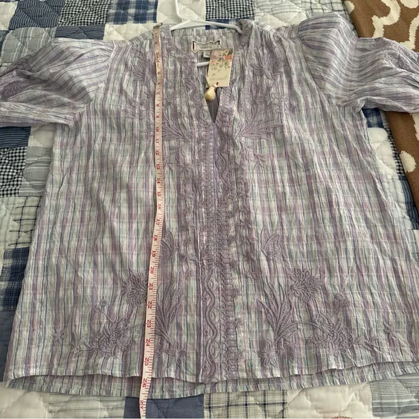 Johnny Was Malo Puff Sleeve Blouse S NWT Lavender Plaid - Image 8