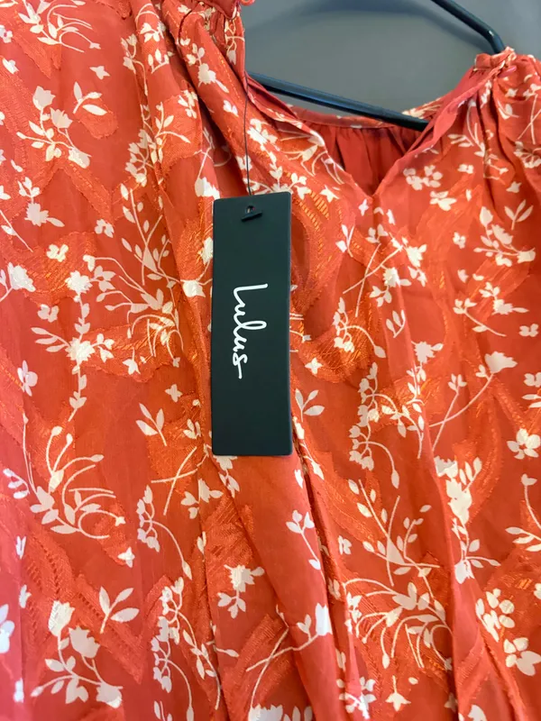 NWT Lulus Too Cute Rust Red Floral Print Smocked Long Sleeve Mini Dress - Image 5