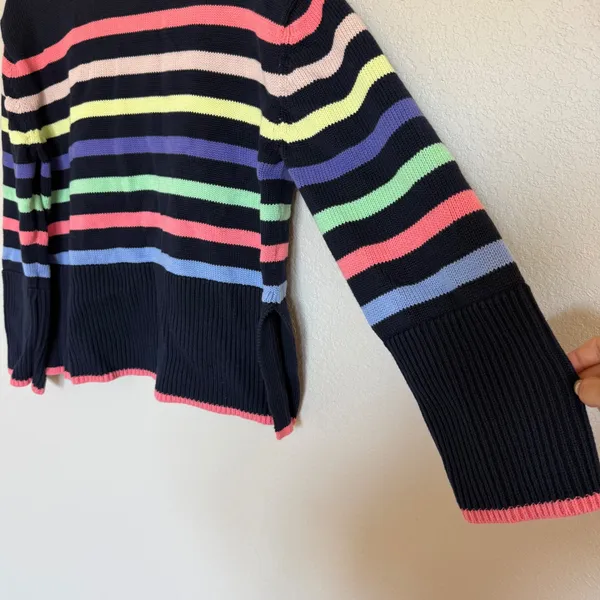 Gap Womens Navy Multi Color Striped Cotton Crewneck Knit Sweater Side Slit Small - Image 3