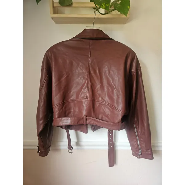 Lamarque Women's Mahogany Brown Dani Moto Jacket Large Cropped Belted Fall - Image 9