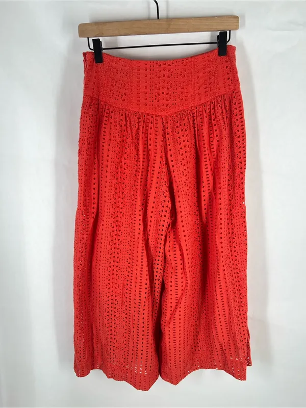 Anthropologie Coral Eyelet Wide Leg Cropped Pants Culottes Orange Red Size 0 - Image 8