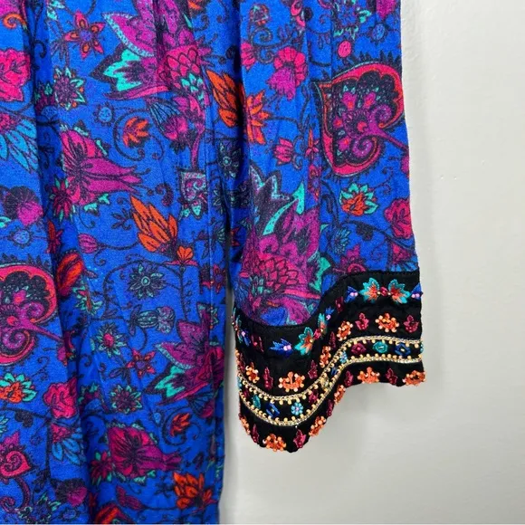 Soft Surroundings Blue Tamuri Embroidered Beaded Boho Tunic Top‎ Size M - Image 8