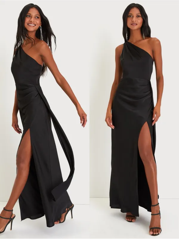 LULU’S Signature Elegance Black Satin One-Shoulder Maxi Dress - Image 2