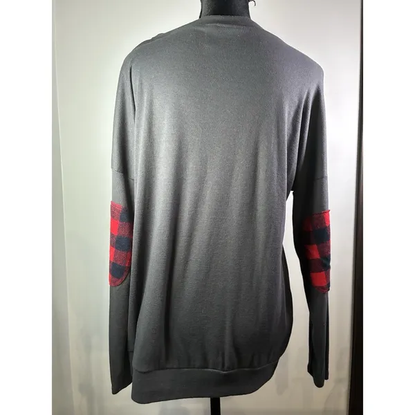 Leo Rosi Merry and Bright Christmas Sweatshirt Gray Plaid Elbow Patches‎ Medium - Image 3