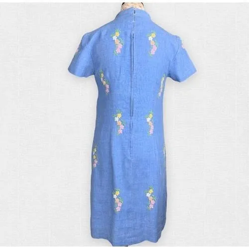 Vintage 60's Floral Embroidered Shift Dress Blue Chambray Size 6/8‎ - Image 4