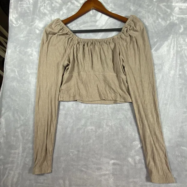 Madewell Ribbed Square Neck Keyhole Tie‎ Long Slv Crop Top Medium Brown Hipster - Image 9