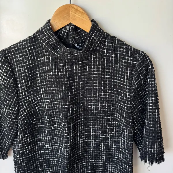 Zara Tweed Top Mock Neck Fringed Hem Cropped Black‎ White Career XS - Image 6