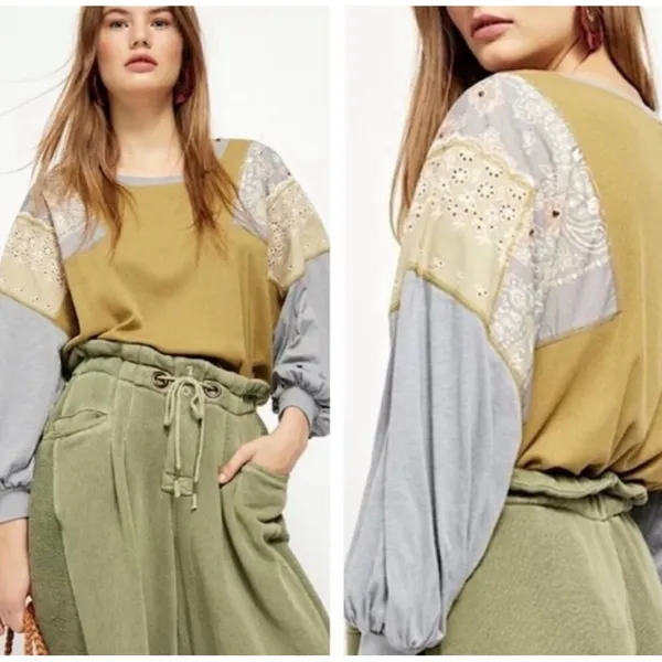 Free‎ People Feeling It Patchwork Sweatshirt Jersey Khaki Blue Paisley Small - Image 2
