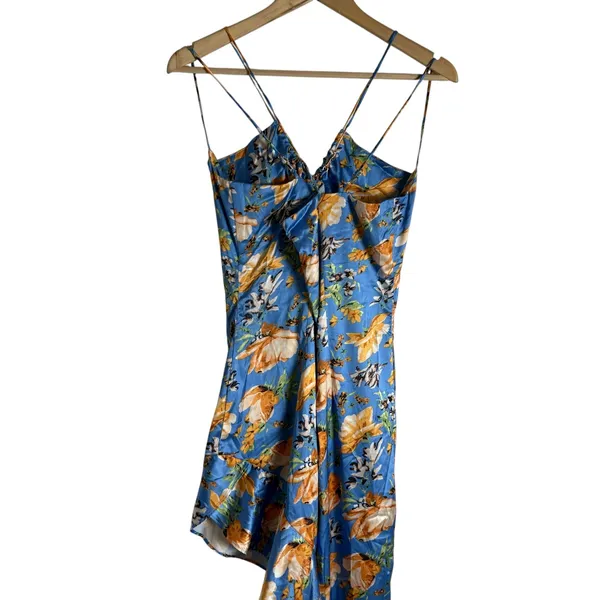 Nookie Simone Blue Floral Satin Asymmetrical Ruffled Cut Out Cocktail Dress L - Image 14