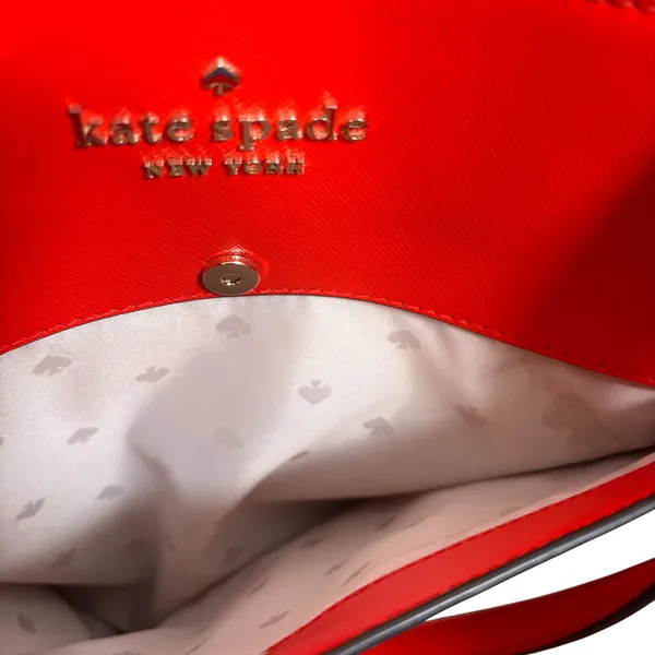 Kate Spade New York Red Orange Saffiano Leather Tote Bag Shoulder Purse Gold - Image 9