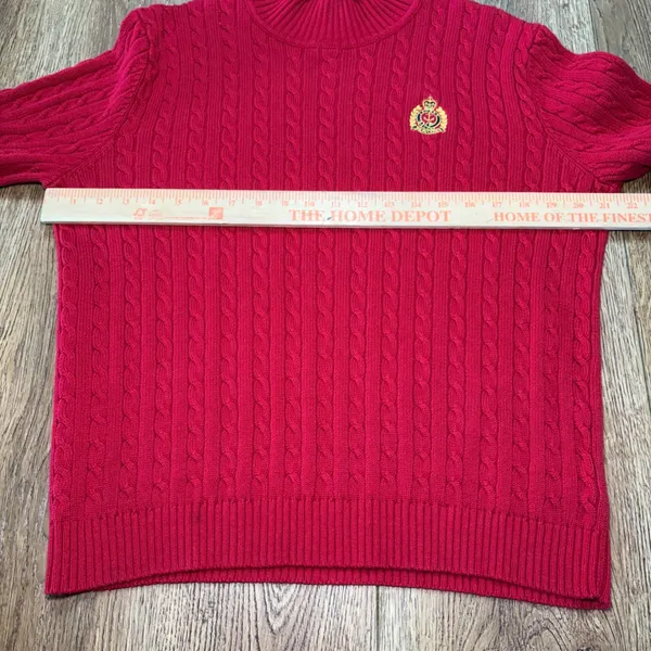 VTG Lauren Ralph Lauren Red Cable Knit Mock Neck Crest Sweater Womens XL Preppy - Image 4