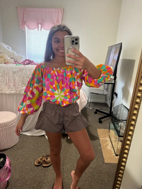 Vibrant Off-Shoulder Pink Geometric Women's Top - Image 2