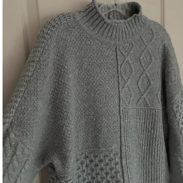 American Eagle Grey Patchwork Mixed Cable‎ Knit Mock Neck Sweater Womens Large - Image 9