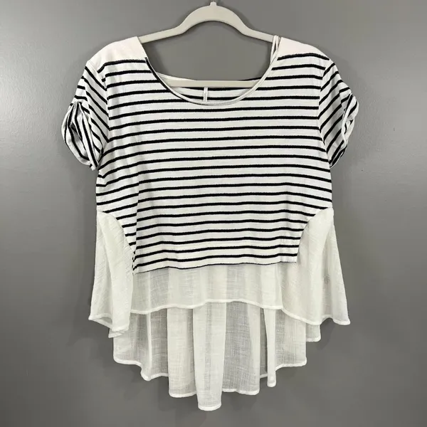 Free People French Kiss Mixed Media Top Stripe Blue White High Low Size Small - Image 3