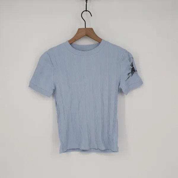 Zara Sweater Womens Small Light Blue Ribbed Knit Short Sleeve Crew Neck Pullover - Image 2