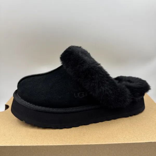 UGG Disquette Black Suede Fur Cuff Slide Platform Slipper Shoes Size 7 Women New - Image 8