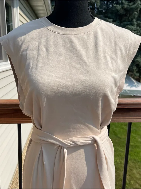 Evereve Sleeveless Cream Tie-Waist Midi Dress Cap Sleeves Size Small - Image 4