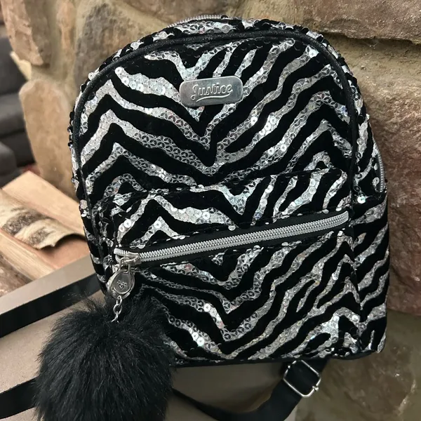Justice Black and Silver Sequin Zebra Backpack Like New! - Image 9
