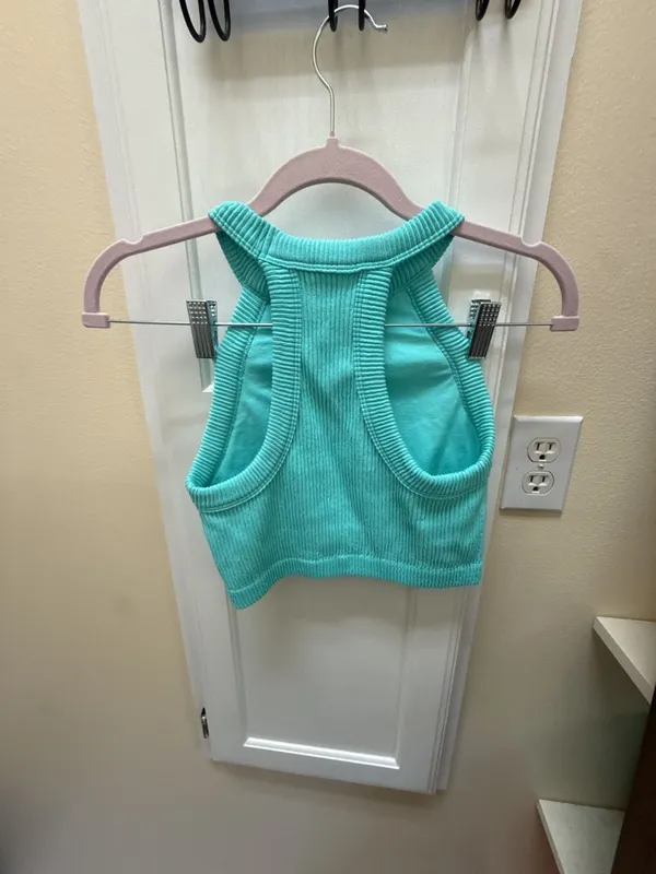Aerie Real Good Seamless Ribbed Halter Crop Tank Top Teal Green Size S - Image 3