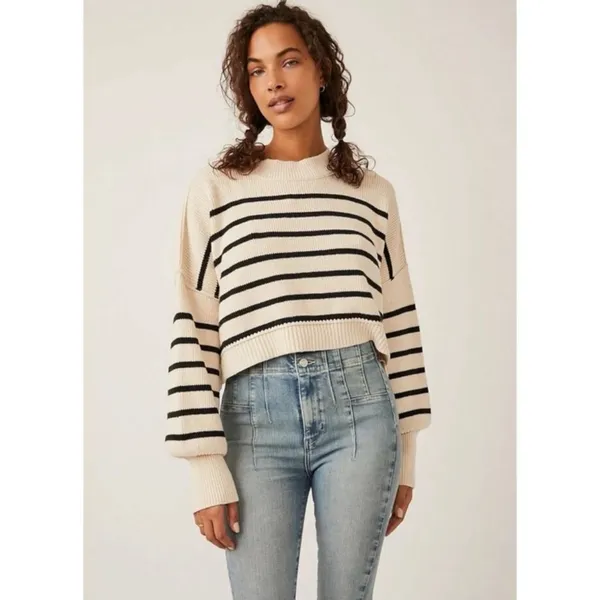 Free People Easy Street Stripe Crop Pullover Medium Cream Black Coastal Preppy - Image 8