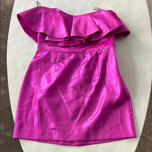 NWT Zara Metallic Pink Strapless Ruffle Mini Dress Sz Large - Image 4