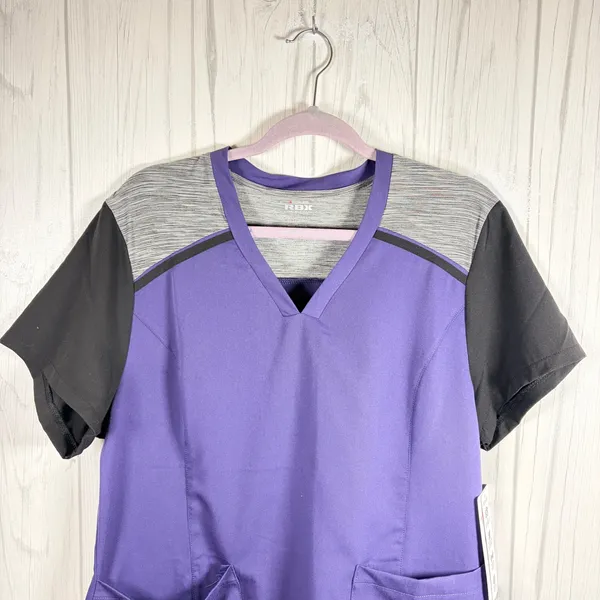 NWT RBX Mixed Media Medical Scrubs Top Purple Black Gray, Large - Image 2