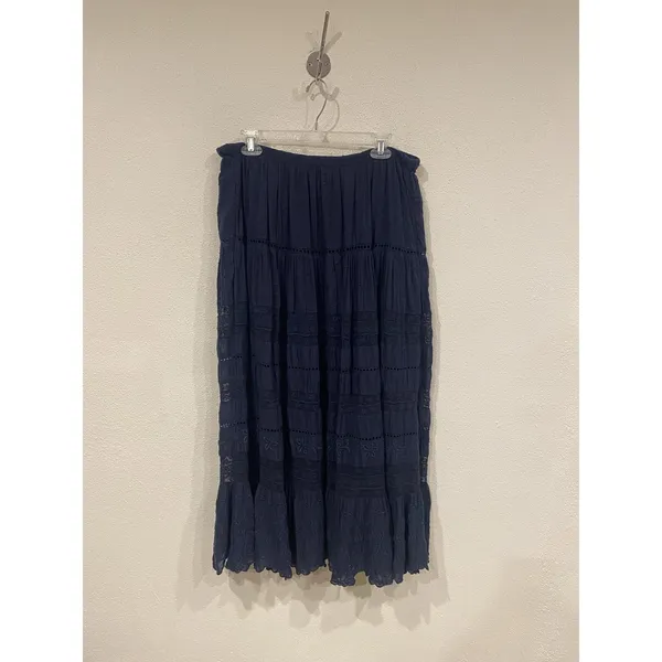 LoveShackFancy Skirt Womens Medium Blue Floral Lace Maxi Boho Tiered Embroidered - Image 4
