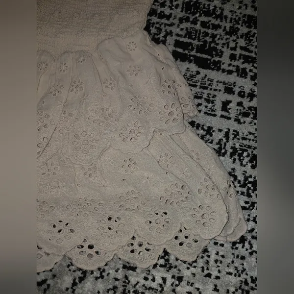 Bershka Size S Cream Tiered Ruffle Dress Eyelet Smocked Puff Sleeve - Image 6