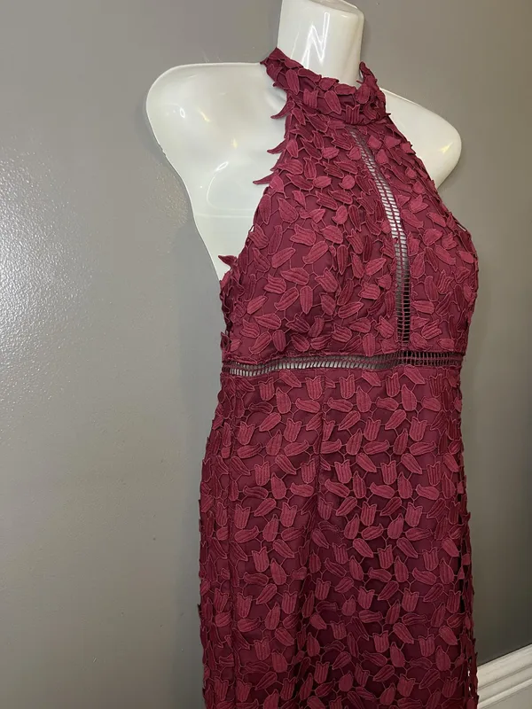 Bardot Dress Womens 6 Red Lace Halter Backless Sheath Midi Floral Party - Image 4