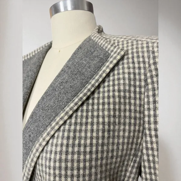 Vintage 90s Cropped Wool Blend Grey & Cream Pointed Lapel Gingham Check Blazer - Image 5