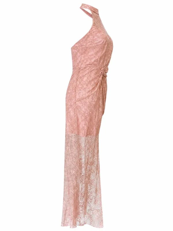 NBD Revolve Dusty Pink Lace Halter Gown Cottagecore Barbie Formal Dress M Prom - Image 9