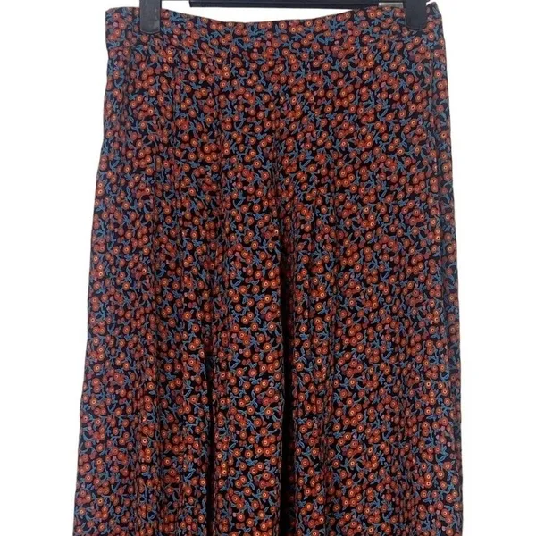 ZARA High Waisted Floral Flowy 2 Slits Preppy Midi Skirt Side Zip Up S Red Black - Image 3