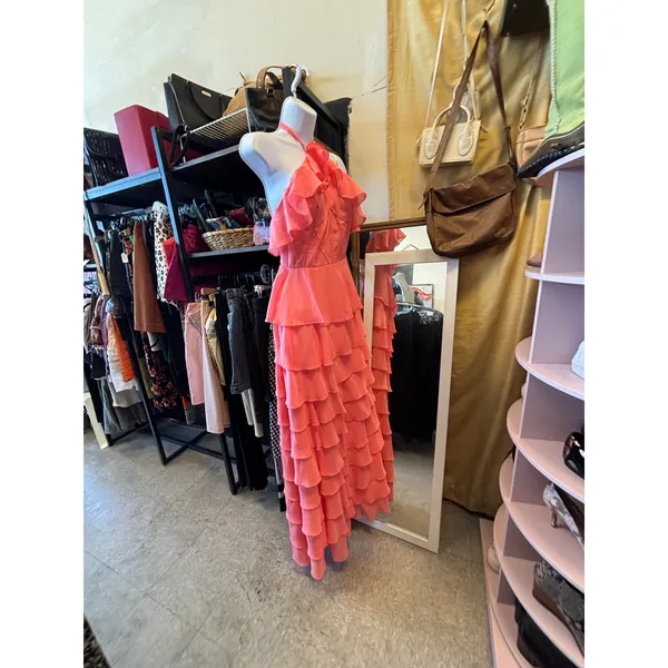 Coral‎ Pink Tiered Ruffle Halter Maxi Dress Corset Bodice Formal Gown - Image 4