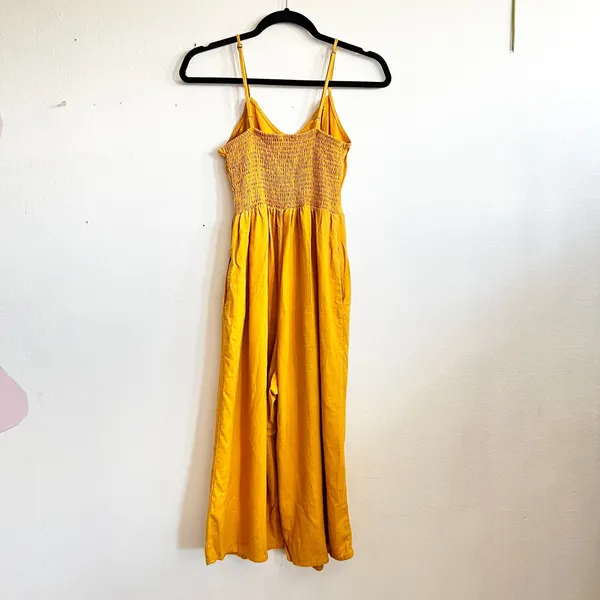 Mustard Yellow Linen Jumpsuit Vintage Inspired Boho‎ Minimalist Wide Leg Small - Image 2
