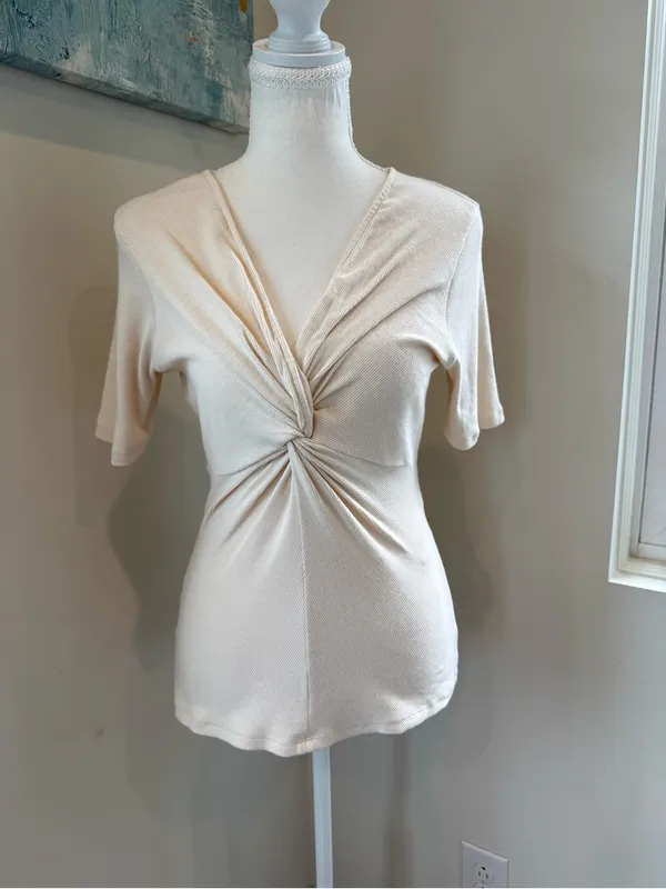 Sezane Cream Maia T-shirt Twist-Front Short Sleeve Top L - Image 3