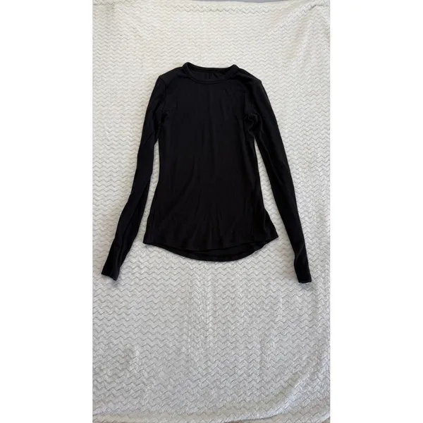 Lululemon Athletica Black Ribbed Knit Long Sleeve Crew Neck Curved Hem Top 4355 - Image 2