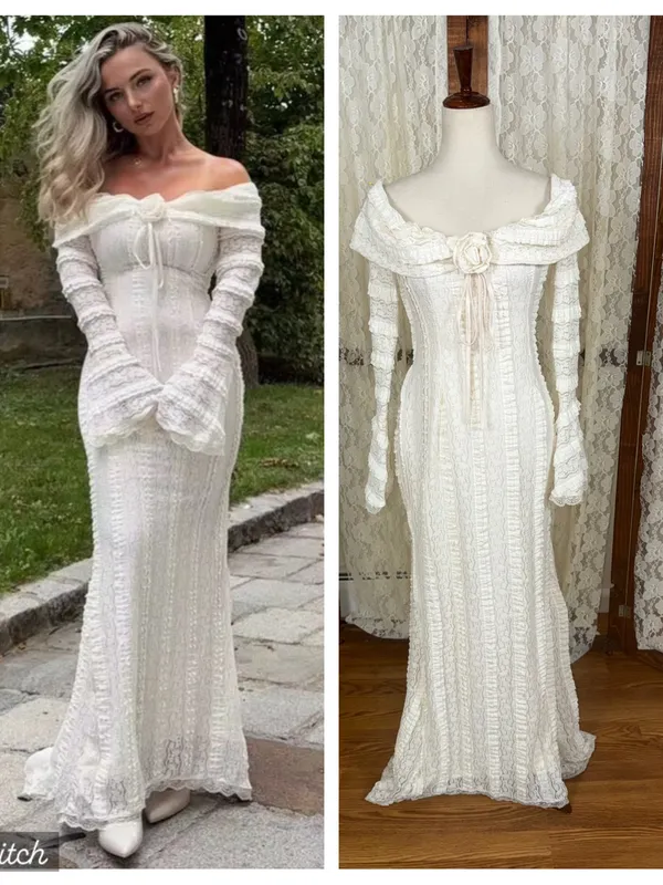SheIn Pretty Jeta Ari Tea Break Off-Shoulder Ivory Knit Wedding Dress - Image 2