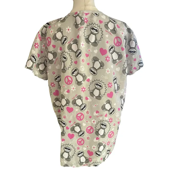 Serene Uniforms Sloth Print Scrub Top Pink Peace Hearts Pockets Women’s MEDIUM - Image 6