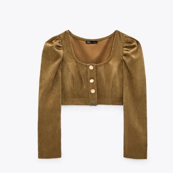 NWT ZARA Corduroy Crop Top Blouse Bloggers Fav Olive Green XS - Image 3