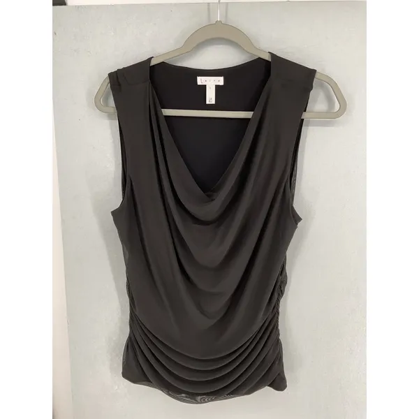 Leith Womens Blouse Cowl Neck Ruched Mesh Sleeveless Dark Gray Large - Image 2