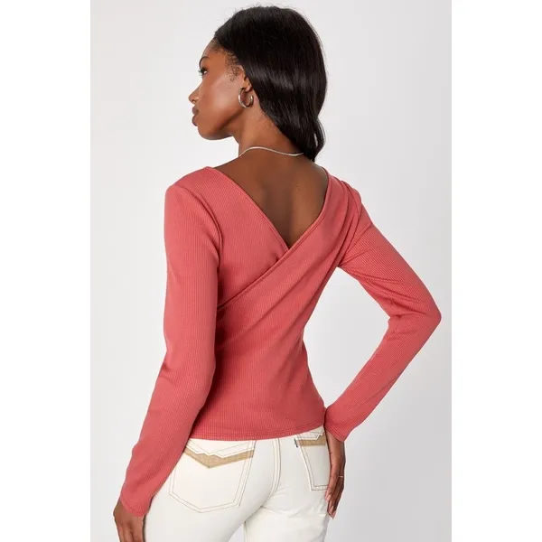 Lulus All Day Fave Rusty Rose Ribbed Surplice Long Sleeve Top Stretch Medium NWT - Image 3