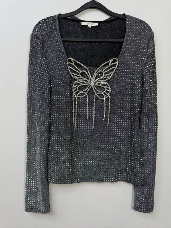 Pastel Rhinestone Butterfly Glitter Long Sleeve Evening Top size L - Image 4