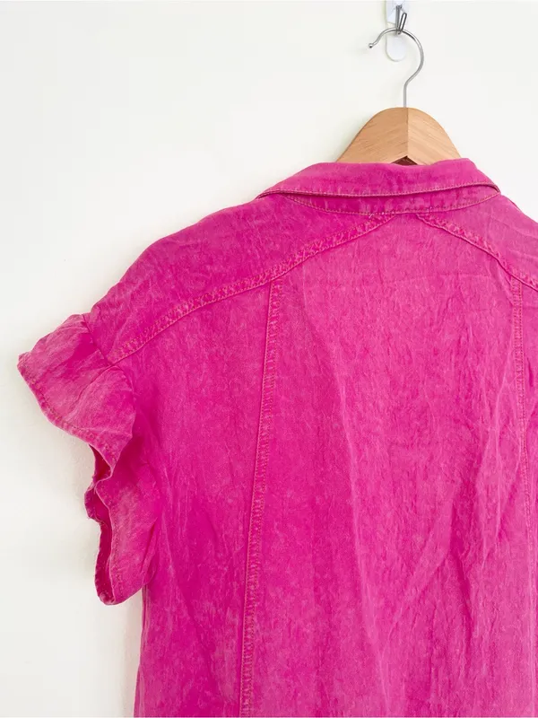 Umgee Hot Pink Ruffle Sleeve Collared Mini Shirt Dress S Small Barbiecore Boho - Image 5